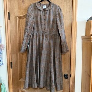 Son de flor 100% linen brown plaid classic dress with tag